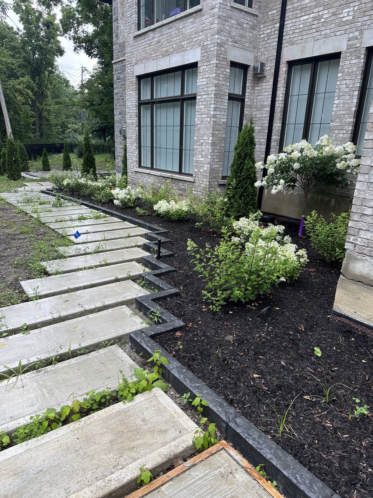 Stone garden steps leading up to a home entrance alongside a planting bed