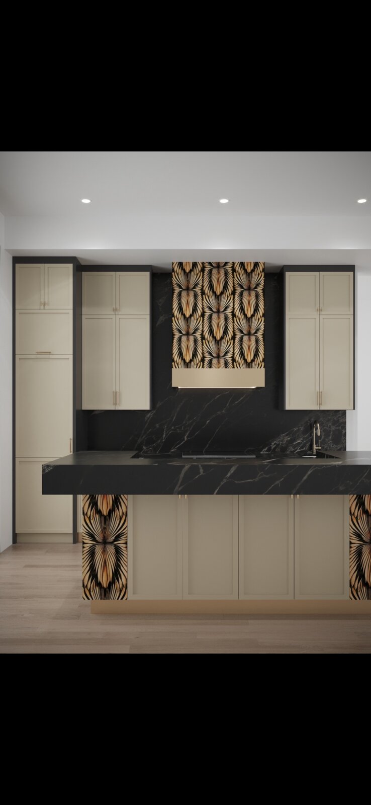 Completed custom kitchen with black and brass cabinetry, dark stone counters, and patterned tile backsplash