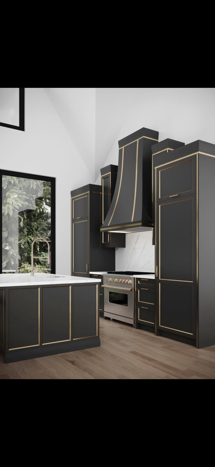 Design rendering of a custom kitchen concept with black and brass cabinetry
